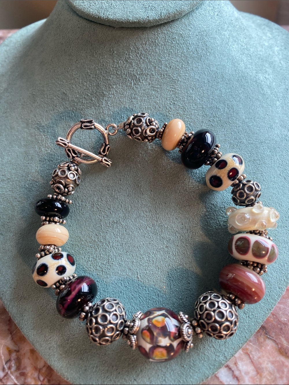 Artisan Lampwork GlassBracelt Sterling Silver Bali Beads Handmade Toggle Brace